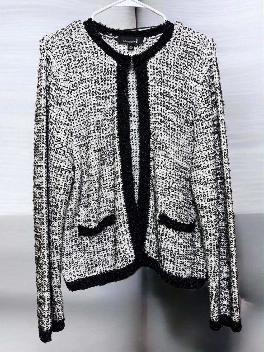 Broadway 38 Black White Tweed Jacket XL Chanel Style Open Front Cardigan Work